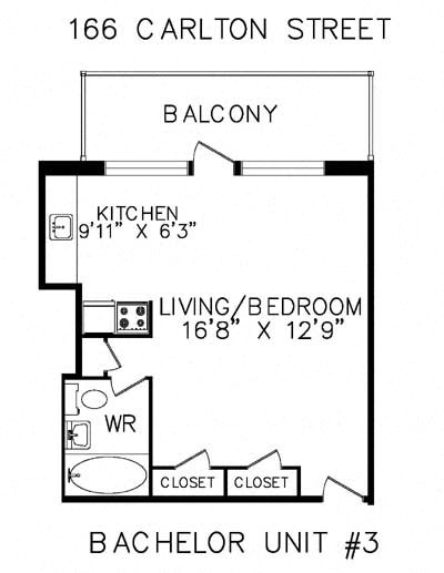 Floor plan for studio, 1 bath, 350 sqft